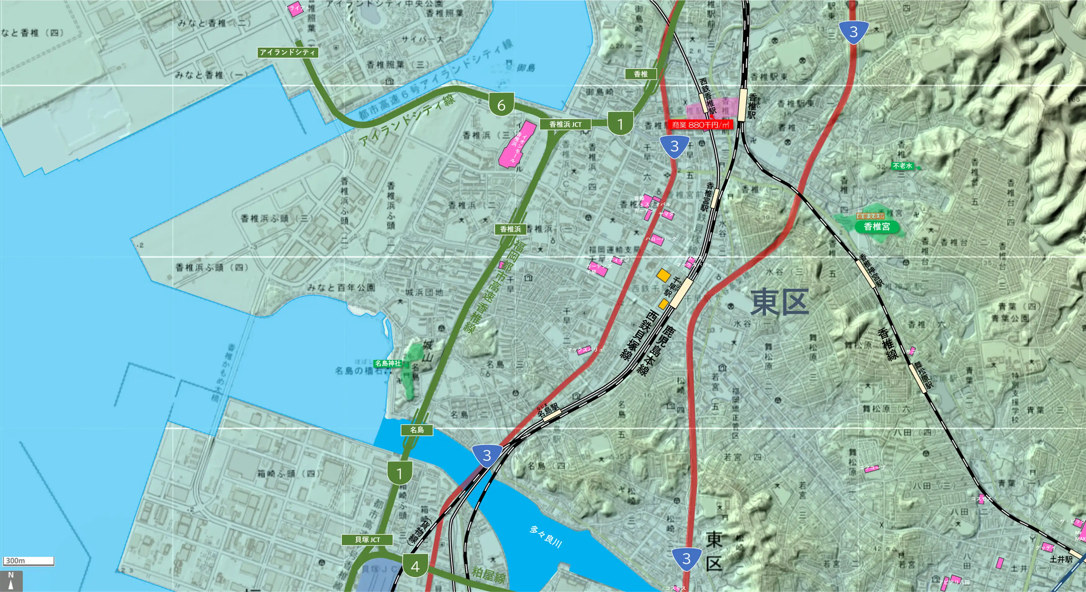 福岡香椎のカタチ図 繁華街・ビジネス地区などを要約した地図