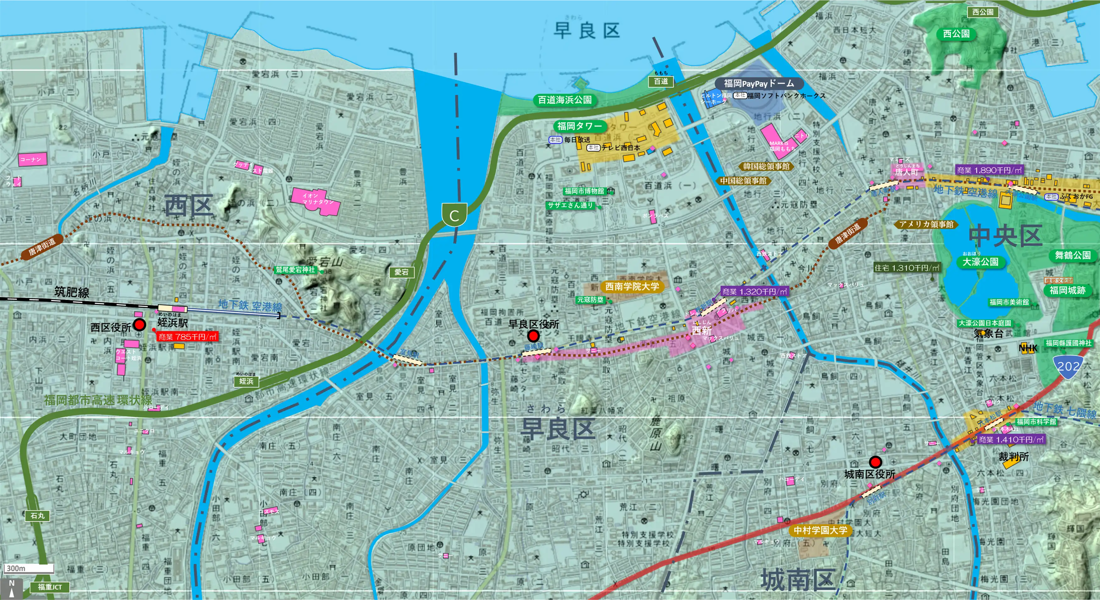 福岡西新のカタチ図 繁華街・ビジネス地区などを要約した地図