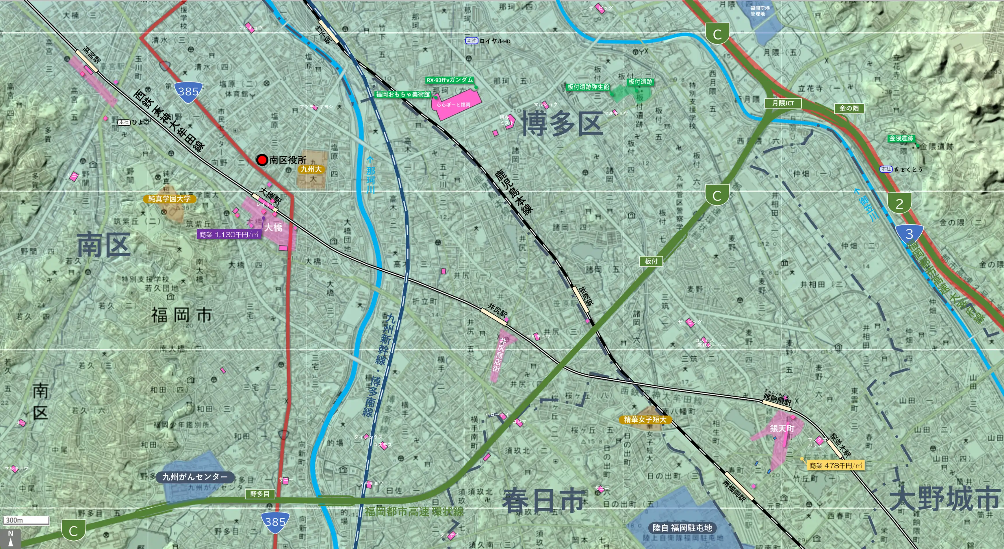 福岡大橋のカタチ図 繁華街・ビジネス地区などを要約した地図