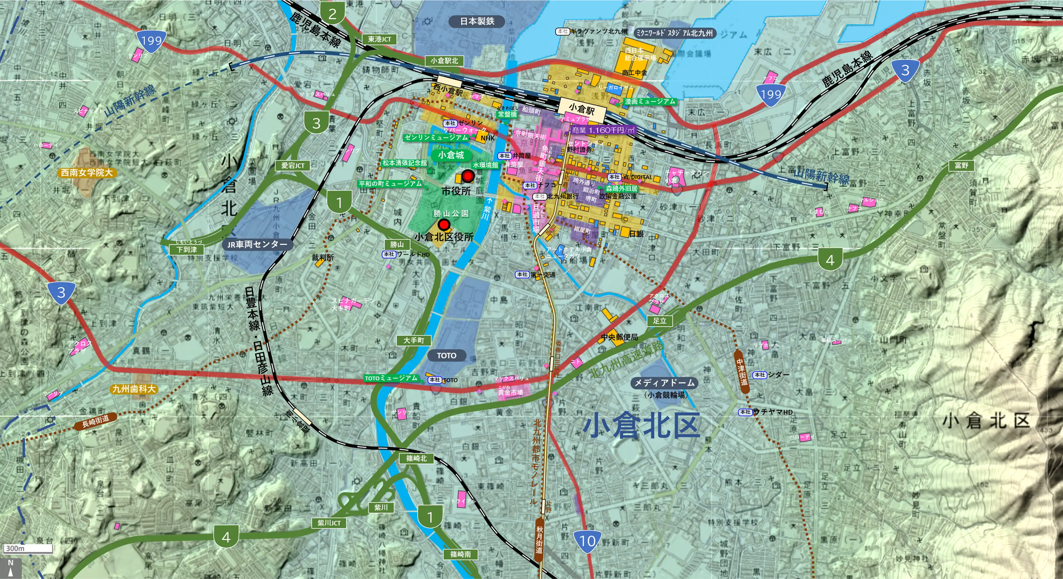 北九州中心部のカタチ図 繁華街・ビジネス地区などを要約した地図