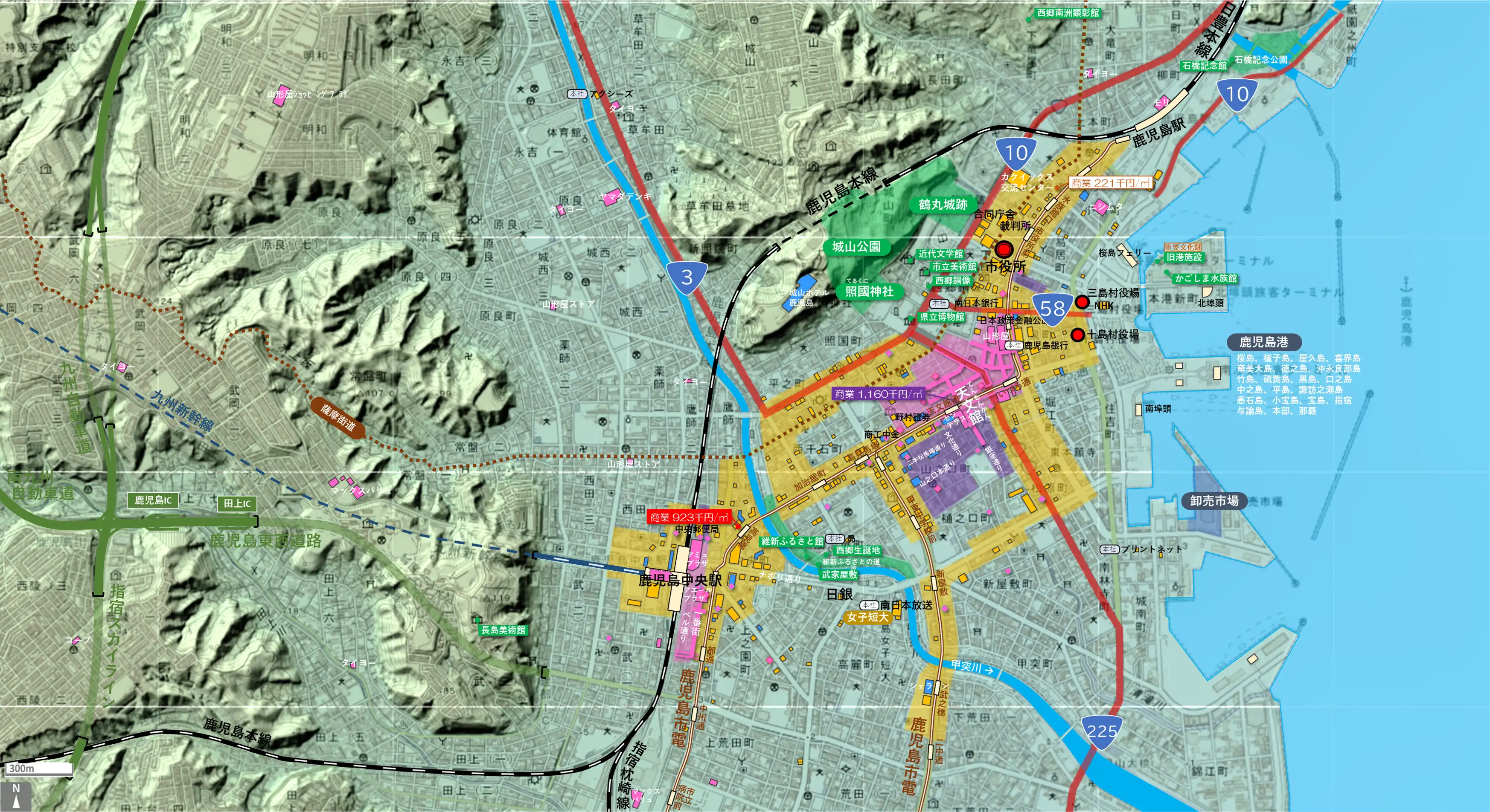 鹿児島中心部のカタチ図 繁華街・ビジネス地区などを要約した地図