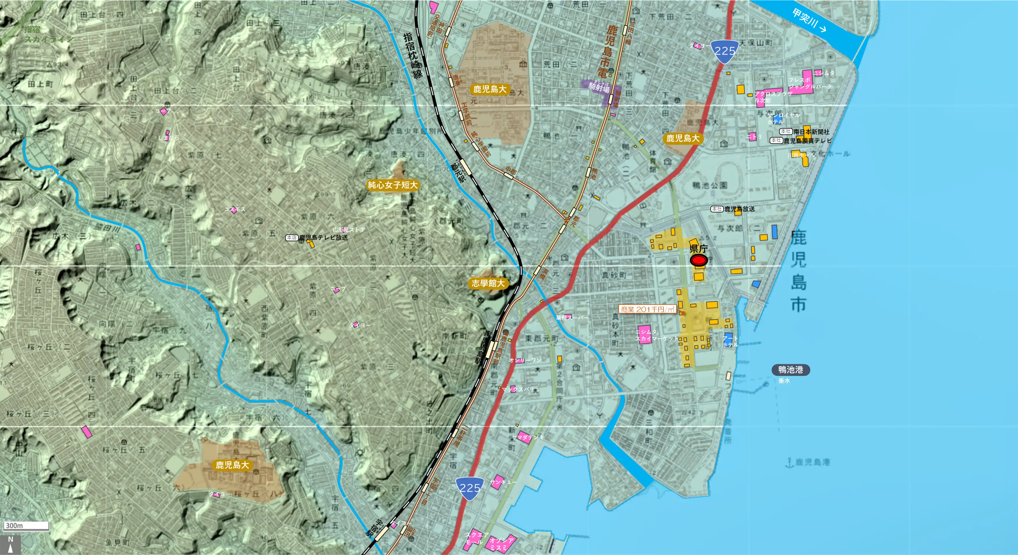 鹿児島南部のカタチ図 繁華街・ビジネス地区などを要約した地図
