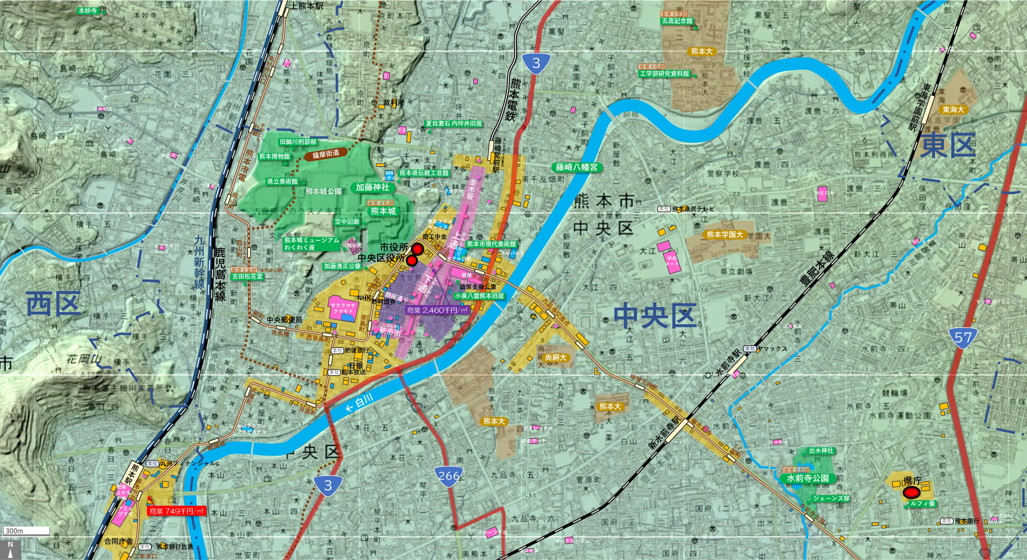 熊本中心部のカタチ図 繁華街・ビジネス地区などを要約した地図