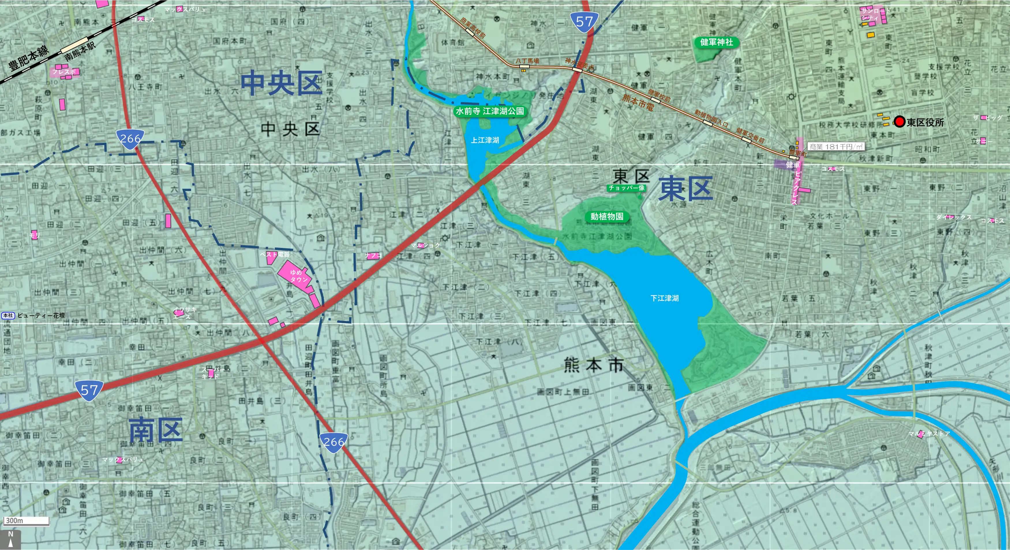 熊本健軍のカタチ図 繁華街・ビジネス地区などを要約した地図
