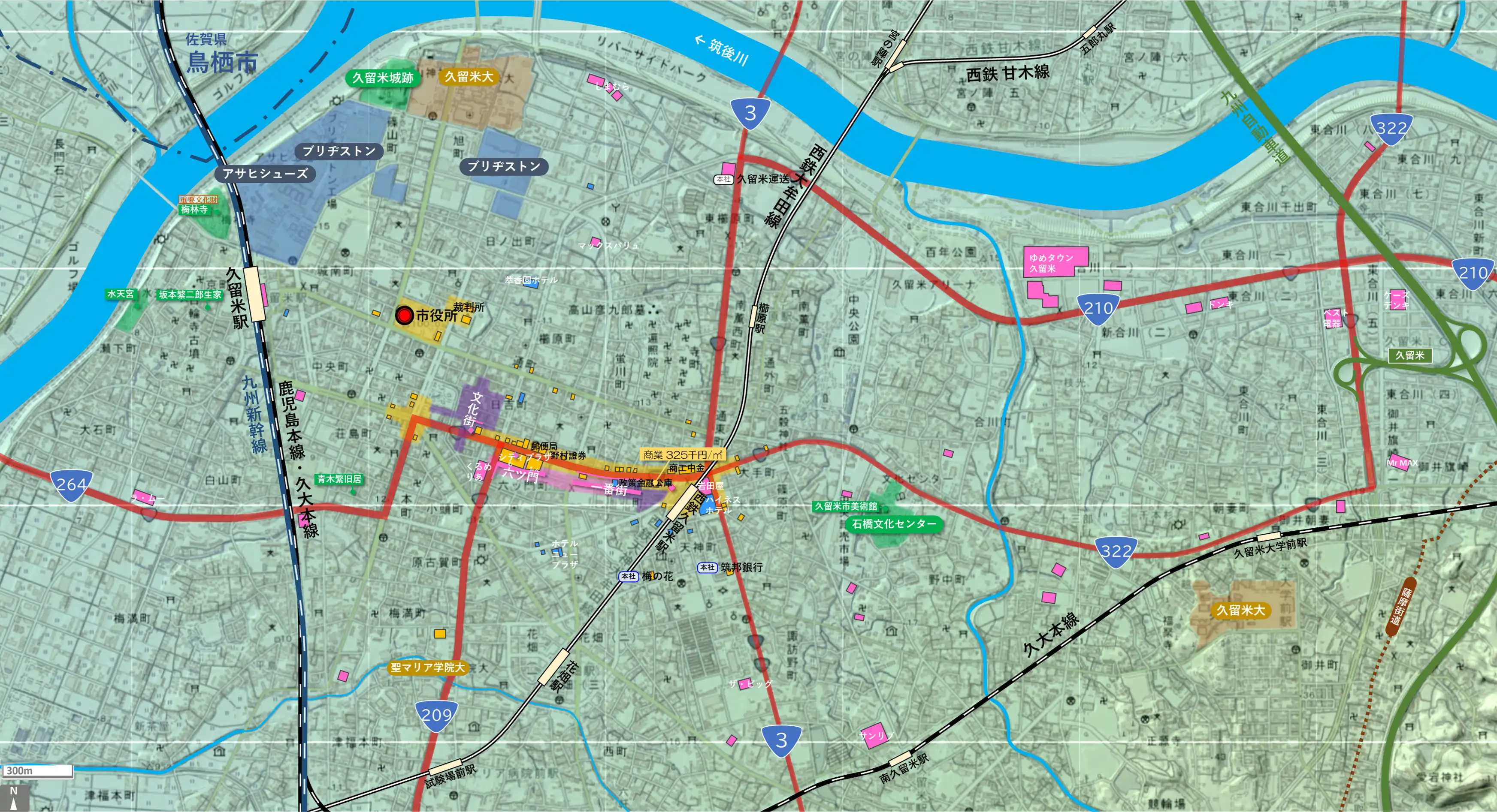 久留米のカタチ図 繁華街・ビジネス地区などを要約した地図