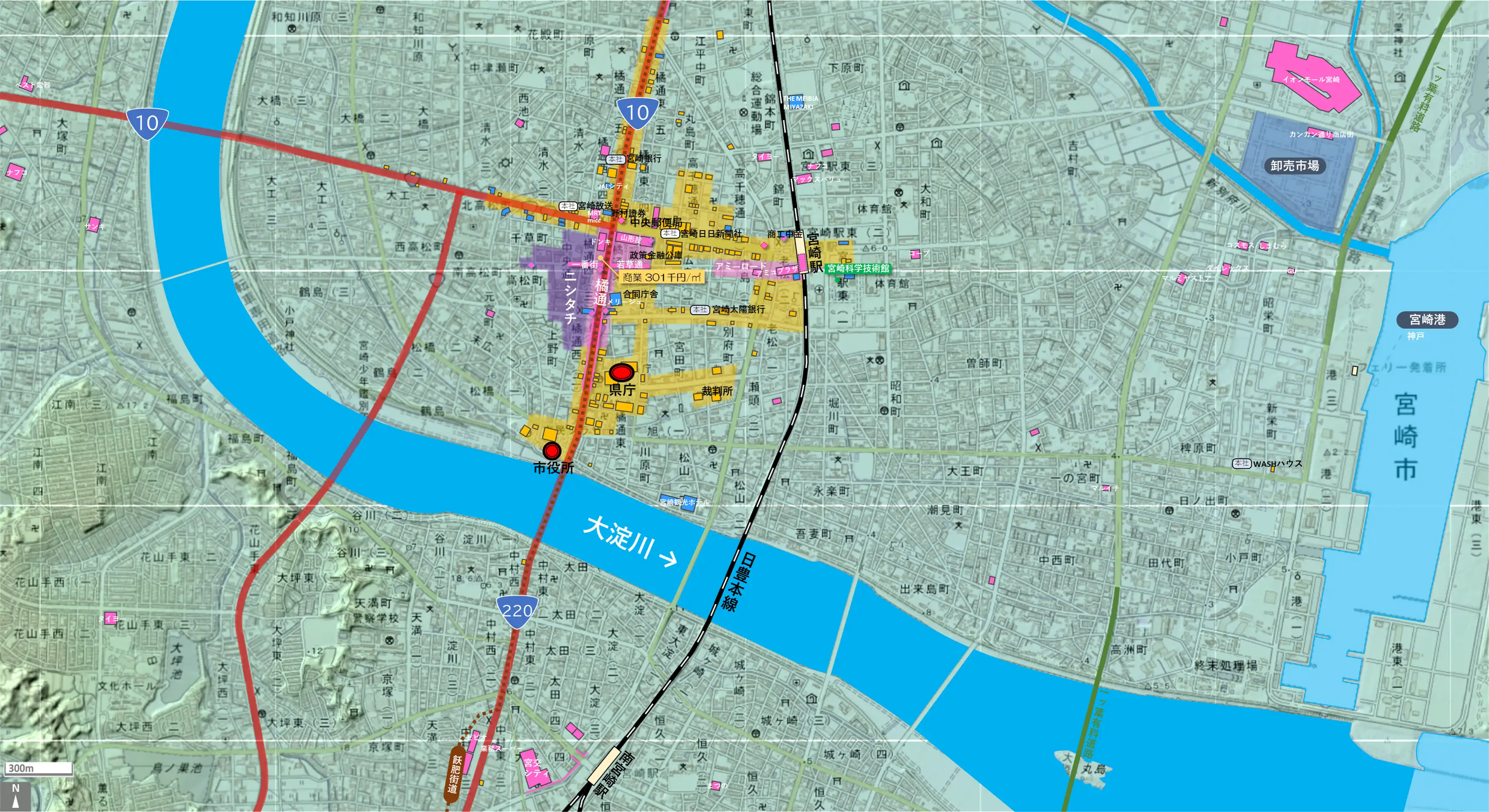 宮崎のカタチ図 繁華街・ビジネス地区などを要約した地図