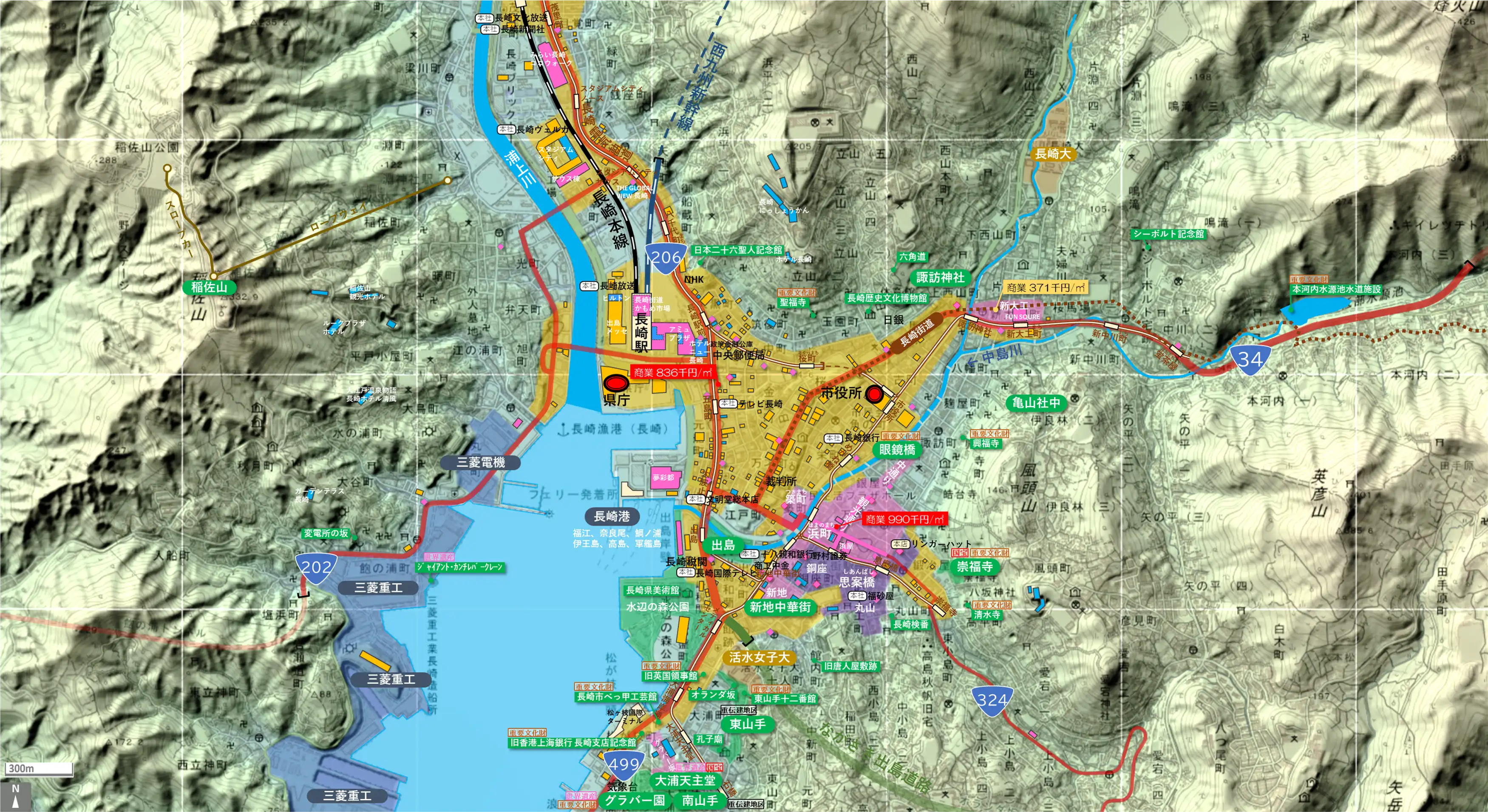 長崎中心部のカタチ図 繁華街・ビジネス地区などを要約した地図