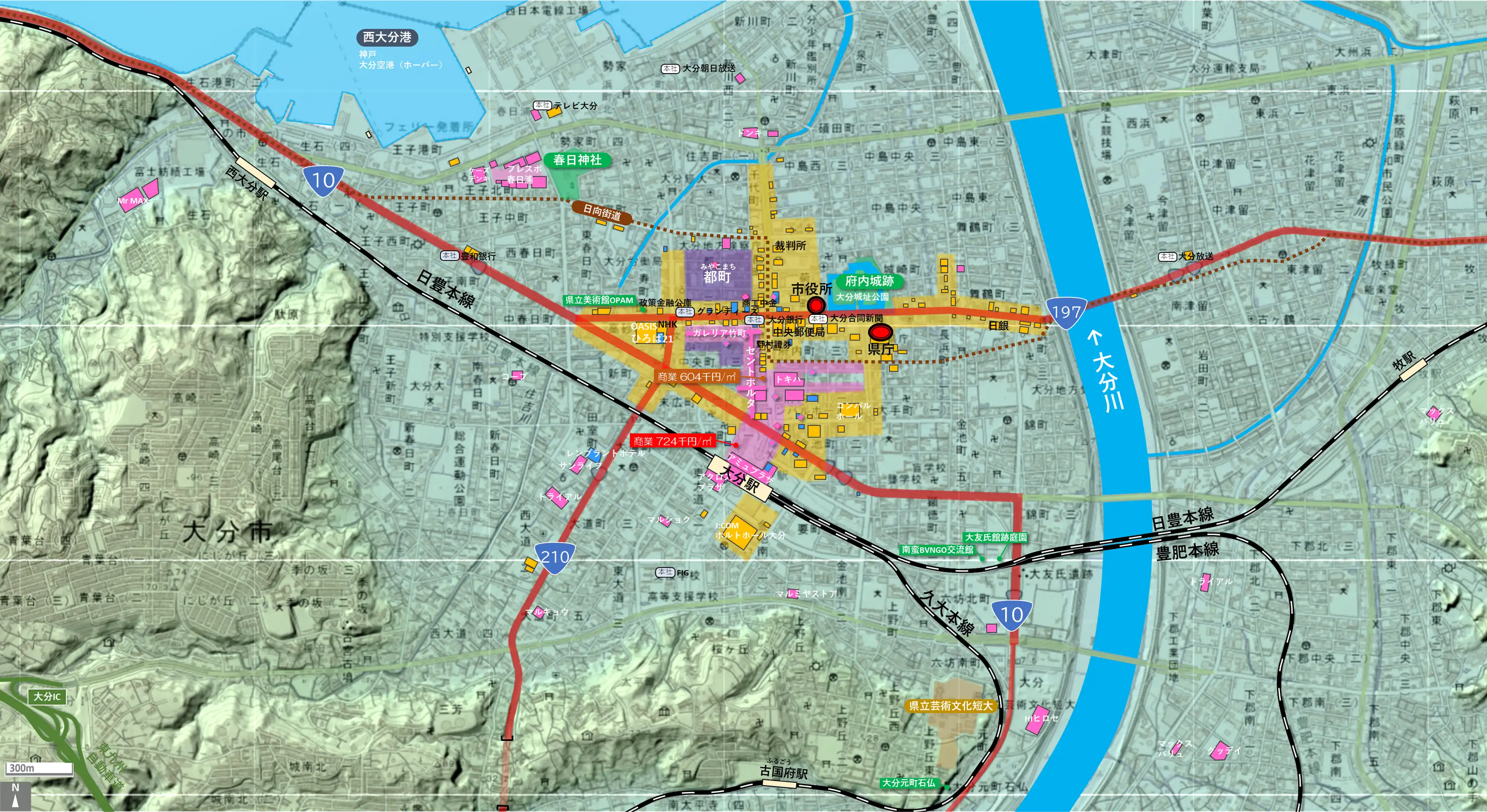 大分のカタチ図 繁華街・ビジネス地区などを要約した地図