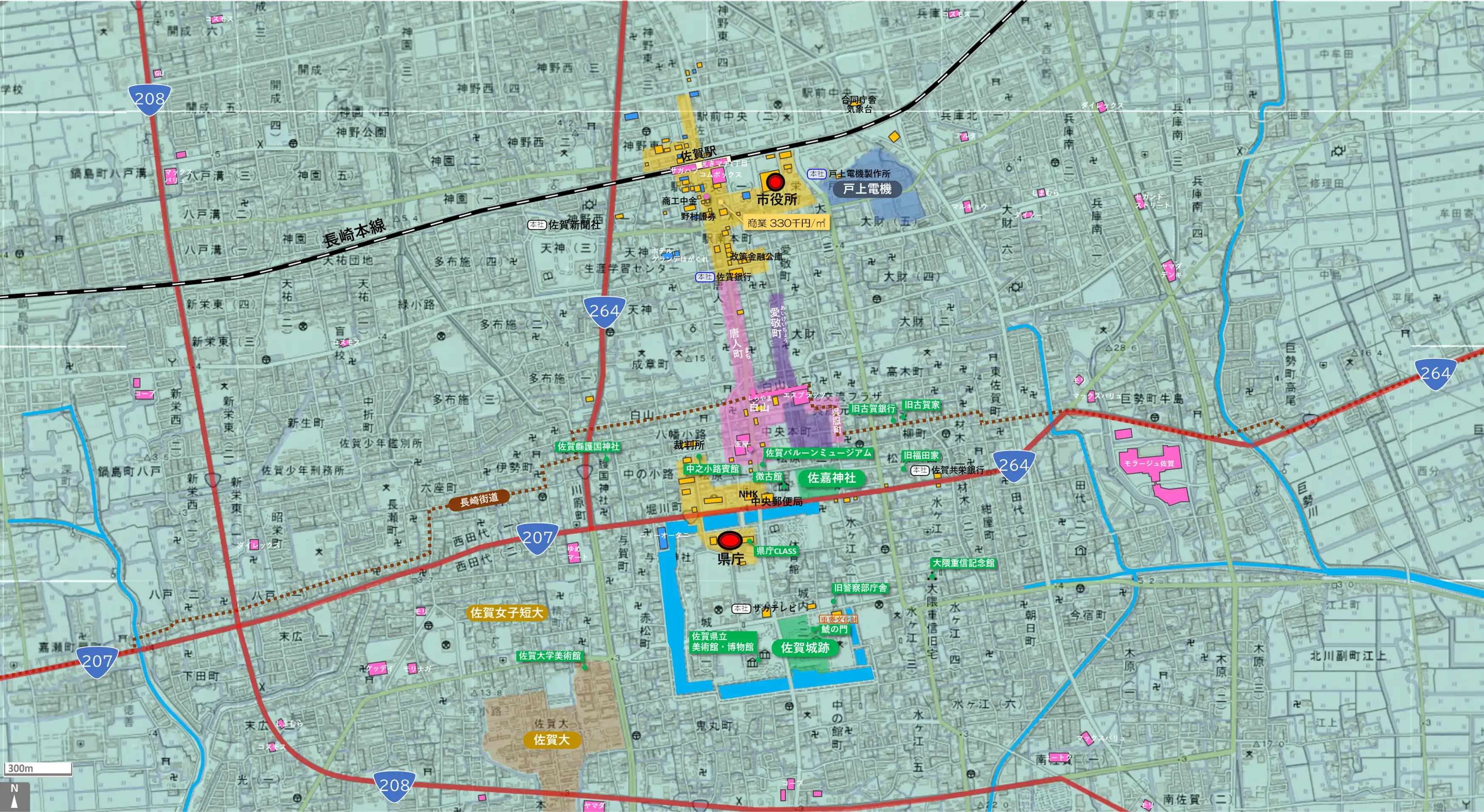 佐賀のカタチ図 繁華街・ビジネス地区などを要約した地図